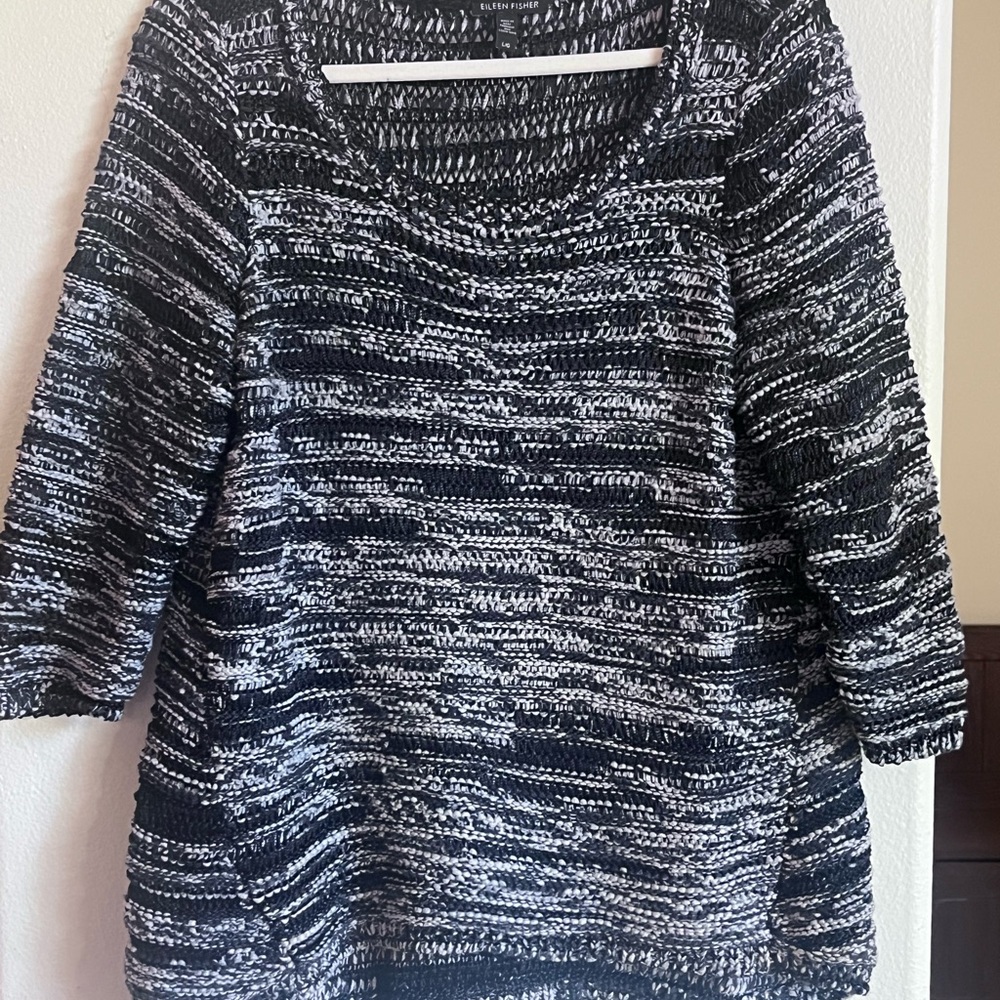 Eileen Fisher Black & White Marled Scoop-Neck Pullover